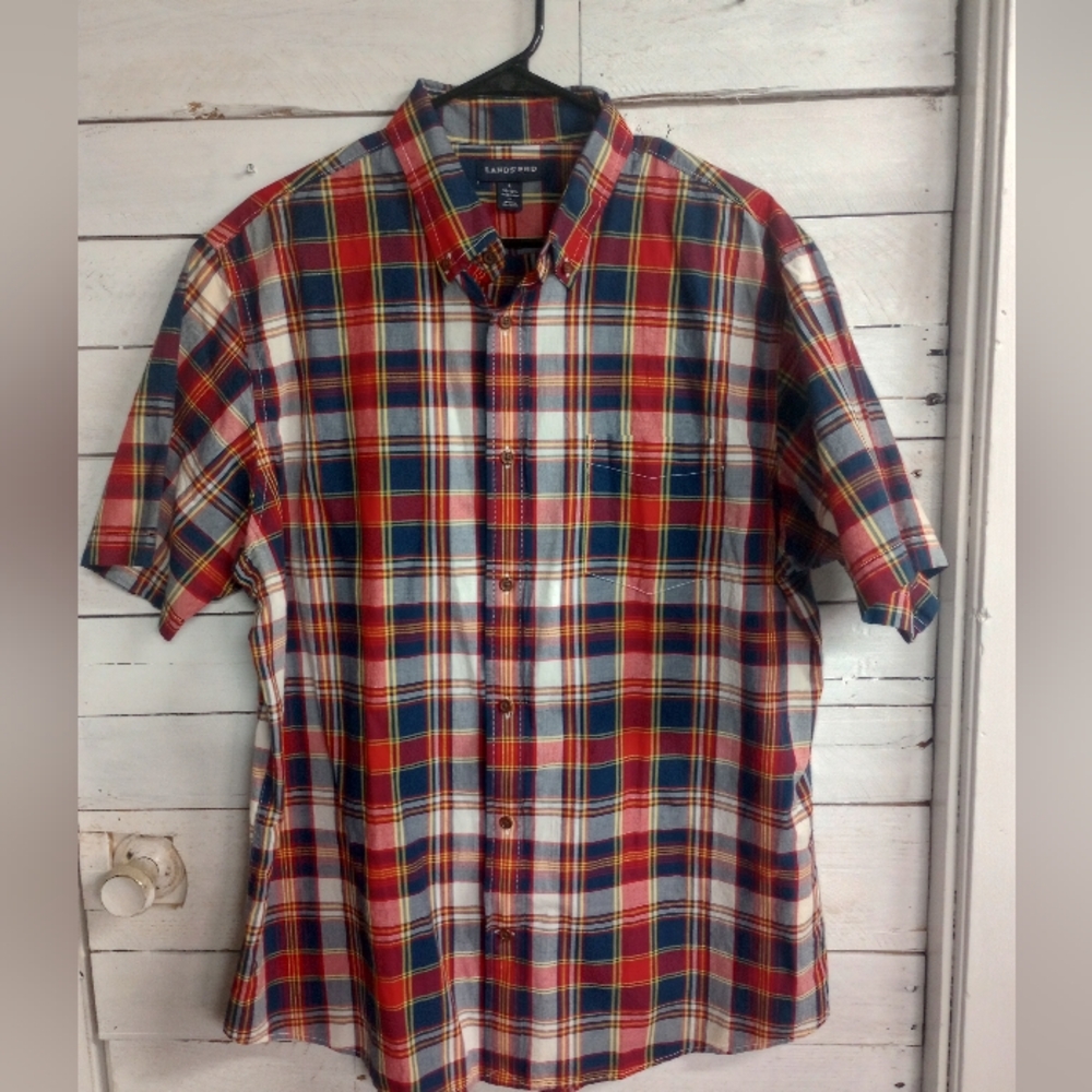 Lands' End Shirt Mens Large Short Sleeve Plaid Red Blue Button Front Top Work